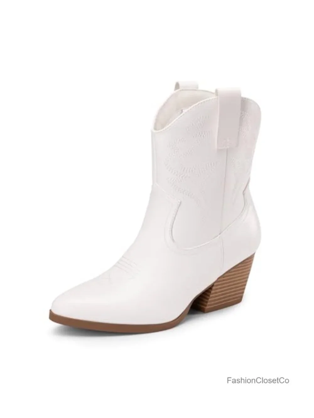 Women's Embroidered Western Boots Faux Leather Low Chunky Heel Pointed Toe